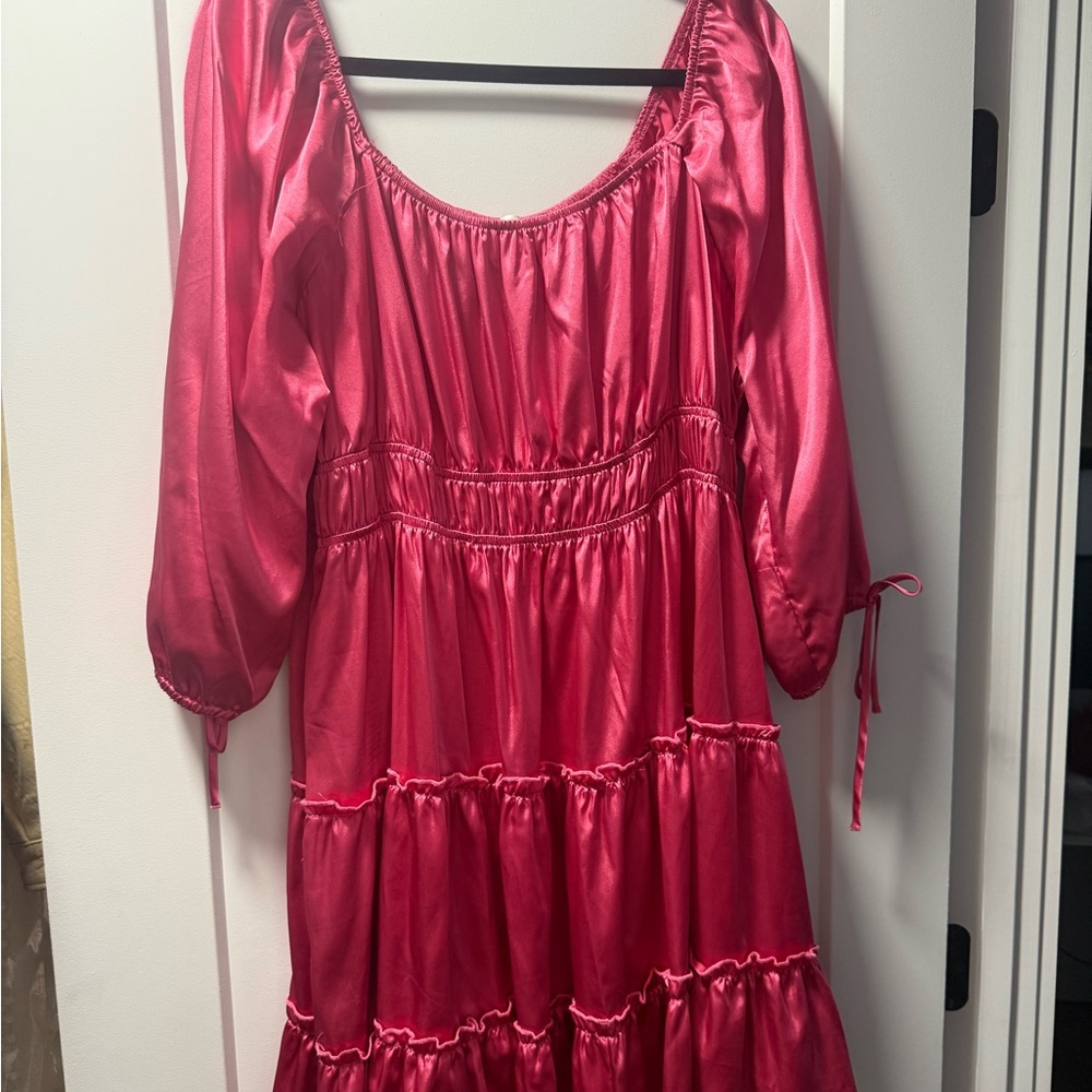 Satin Pink Dress with Puff Sleeves